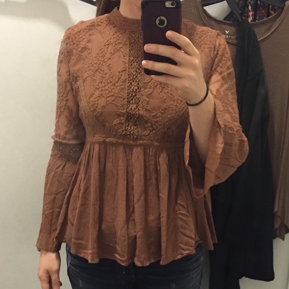 American Eagle boho babydoll blouse with bell sleeves and lace upper & sleeves - Picture 2 of 10